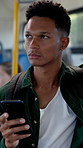 Thinking, man and student with phone on bus for travel location, planning and public transport. Male passenger, mobile and thoughts for morning commute, university schedule and communication feedback