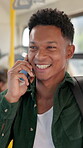 Travel, student and phone call with man on bus for college commute, talking and contact. University shuttle, public transportation and communication with passenger or person for news and traffic