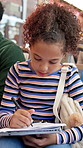 Writing, notebook and girl on bus for travel with studying for education test on commute to school. Journal, child and student learning for exam, assessment or project on public transport in city