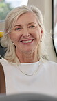 Travel, smile and woman in bus, face and commuting to work in morning, employee and journey in vehicle. Happiness, passenger and mature person with joy in public transport, traveller and trip in USA