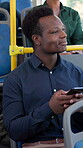 Smile, business and man with phone on bus for travel location, public transport and social media. Male passenger, mobile and morning commute with metro service, vehicle trip and message notification