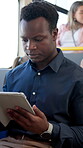 Travel, business man and tablet on bus for morning commute, online transport schedule and reading email. Professional, passenger and digital app on public service for journey and share ride location