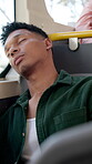 Sleeping, travel and man in bus, relax and tired on trip in vehicle, commuting and peace for passenger. Journey, resting and person with exhaustion in public transport, calm or traveller with fatigue