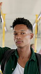 Travel, student and handrail with man on bus for college commute, shuttle service or urban metro. University journey, public transportation and passenger or person on vehicle for explore and traffic
