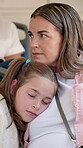 Travel, sleeping and mother with daughter on bus for back to school commute, res and shuttle service. Public transportation, academy trip and passenger with woman and child for journey and student