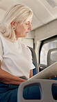 Reading, travel and woman with book, bus and commuting with literature in morning, serious and thinking. Journey, passenger and mature person with novel in public transport, reflection and vehicle