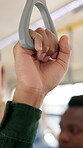 Travel, handrail and hand of person on bus for safety, commuter and balance. Public transportation, journey and traffic with closeup of passenger on vehicle for adventure, metro transit and shuttle