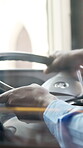 Transit, steering wheel and hands of person on bus for navigation, shuttle service and driving journey. Commute, public transportation and route with closeup of driver for location, traffic and trip
