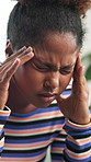 Black woman, headache and depression with stress for mistake, anxiety or pain at home. Frustrated, female person or migraine with sore head, vertigo or dizziness for mental health or strain at house