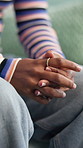 Person, hands and nervous with anxiety or ring for mental health, psychology or therapy. Closeup, user or client with depression, stress or fidget with jewelry for concern, worry or ADHD symptoms