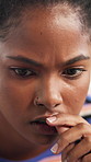 Black woman, anxiety and biting with nails for stress, depression or mental health risk at home. Female person, scared or worry with concern or coping mechanism for boredom, OCD or bad habit at house