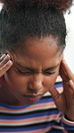 Black woman, headache and pain with stress for mistake, depression or anxiety at home. Frustrated, female person or migraine with sore head, vertigo or dizziness for mental health or fatigue at house