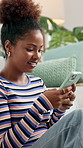 Chatting, phone and smile of woman on sofa in living room of home for app or social media browsing. Internet, relax and text message with happy person in apartment for communication or networking