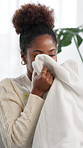 Happy, black woman and smell with laundry for hygiene, housekeeping or clean washing at home. Female person, scent or fabric softner with fragrance for disinfection, bacteria or dirt removal at house