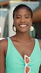 Face, smile and black woman for fashion at resort of summer holiday, getaway trip and tourism. Portrait, happy and person laughing for funny joke, stylish swimwear and vacation travel at luxury hotel