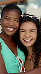 Face, smile and friends hug at pool for summer holiday, getaway resort and bonding together. Portrait, happy and people laughing with embrace for funny joke, travel trip and luxury vacation at hotel
