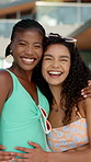 Face, people and friends hug at pool for summer holiday, getaway resort and bonding together. Portrait, smile and women laughing with embrace for funny joke, travel trip and luxury vacation at hotel