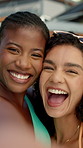 Happy women, friends or face with selfie for summer picture, photography or memory on vacation. Portrait, female people or smile with love, capture or moment for social media, holiday or fun getaway