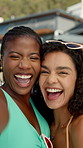 Happy women, face and hug with selfie at pool for holiday, summer vacation or picture together. Portrait, female people or friends with smile or laughing with photography for funny moment or capture
