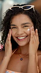 Happy woman, face and cream with sunscreen for skincare, summer protection or SPF at resort. Portrait, female person or smile with satisfaction for facial moisturizer, collagen or skin treatment