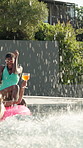 Pool party, splash or friends on holiday with jump, playful or bonding at resort. People, student group or water on vacation for reunion, spring break and cannonball at luxury accommodation for relax