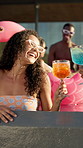 Laugh, toast and woman with holiday in pool party for weekend, break or vacation. Relax, sunglasses or girl in water with alcohol, friends and people at hotel or lodge resort for summer getaway