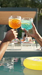 Toast, party and hands with cocktail in swimming pool for weekend, break or vacation. Relax, friends and women in water with celebration, drink and alcohol at hotel or lodge resort for summer getaway