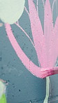 Person, paint and brush stroke with wall art for floral design, colorful creativity or community service. Closeup, volunteer or artist with paintbrush for pink flower, mural activity or or charity
