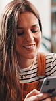 Online dating, phone or woman in home to relax on social media, texting application or chat subscription. Sign up, technology or girl with mobile message ir smile for post, flirting or romantic match