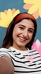 Happy woman, face and paint with selfie for art, photography or picture of mural wall. Portrait, female person or painter with smile or colorful creativity for memory, charity or community service