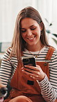 Sofa, woman and dog with smile for smartphone, online research and application for pet insurance. Home, animal and golden retriever with female person for mobile, social media and relax in lounge