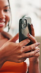 Notification, phone or hands of woman in home on dating website, texting application or chat subscription. Typing, connection or girl with mobile message or meme for post, flirting or romantic match