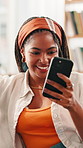 Dating website, mobile or happy black woman in home on laughing, texting app or chat subscription. Smile, funny joke and African girl with phone message and meme for post, flirting and romantic match
