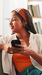 Online dating, phone or woman in home thinking of social media, texting application or chat subscription. Ideas, technology or girl with mobile message or smile for post, flirting or romantic match