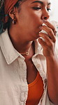Sick, woman and coughing with tissue in home for respiratory infection, chest pain or influenza virus. Illness, african person or flu symptoms in house with germ protection, medical issue or bacteria