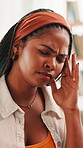 African, woman and pain with headache at house for brain fog, vertigo and stress of university debt. Female student, migraine and anxiety of scholarship pressure, education burnout and breakdown risk