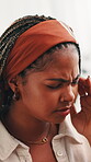 Woman, student and massage headache at house with brain fog, vertigo and stress of university debt. African person, migraine and anxiety for scholarship pressure, education burnout and breakdown risk