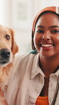 Woman, golden retriever and face on sofa with smile, home and bonding in morning with love in living room. Girl, dog and pet animal on couch, loyalty and trust with portrait at apartment in Nigeria