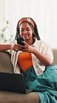 Texting, laptop and black woman in home with phone for sign up, college application and subscription. Student, smile and girl with technology to sync message for post, school registration or portal