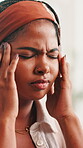 Woman, pain and massage headache at house with brain fog, vertigo and stress for university debt. African student, migraine and anxiety with scholarship pressure, education burnout and breakdown risk