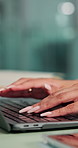 Hands, woman and closeup of typing on laptop, business writer with proposal with information or email response. Productivity, pc keyboard and communication with report writing or corporate agenda