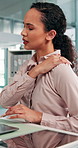 Stress, burnout and businesswoman in office with shoulder pain, injury or muscle sprain. Fatigue, tension and female attorney with exhaustion for poor posture, sore or ache by desk in workplace.