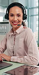 Happy woman, consultant or advice in customer service with smile, laptop and justice hotline at law firm. Call center, business ethics or legal support with dispute resolution or contact at help desk