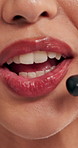 Woman, advisor and talking in customer service with mouth, feedback and justice hotline at law firm. Mic, business ethics or legal support with dispute resolution, call center closeup and advice 