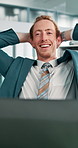 Man, office and relief by laptop, done and relax for complete project for deadline at financial agency. Person, accountant and finish job for proposal, report or stats at portfolio management company