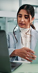 Office, businesswoman and laptop with tablet for research, financial investment and information. Career, female person and accountant with digital for finance report, review revenue or reading online