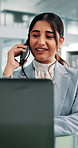 Office, businesswoman and laptop with phone call for talking, financial advice or bank reconciliation. Career, female person and accountant with mobile for finance discussion, account info or contact
