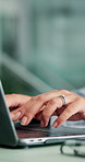 Hands, person and closeup of typing on laptop, business writer with proposal info or email response. Productivity, pc keyboard and communication with woman in report writing or corporate agenda