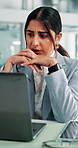 Anxiety, stress and business woman by laptop, breathing and nervous about email feedback for real estate listing. Mistake, fail or fear, worried realtor for online performance review or property sale
