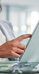 Hand, tablet and business woman scroll, research economic trends and information at finance agency. Check, review or reading with analyst on financial tech app or blog, project management and report